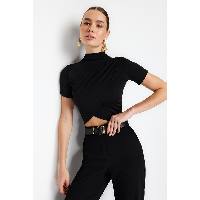 Trendyol Black High Neck Short Sleeve Draped Crop Blouse Knitted Blouse