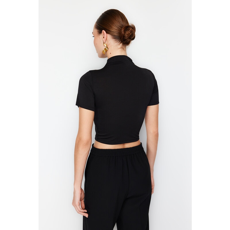 Trendyol Black High Neck Short Sleeve Draped Crop Blouse Knitted Blouse