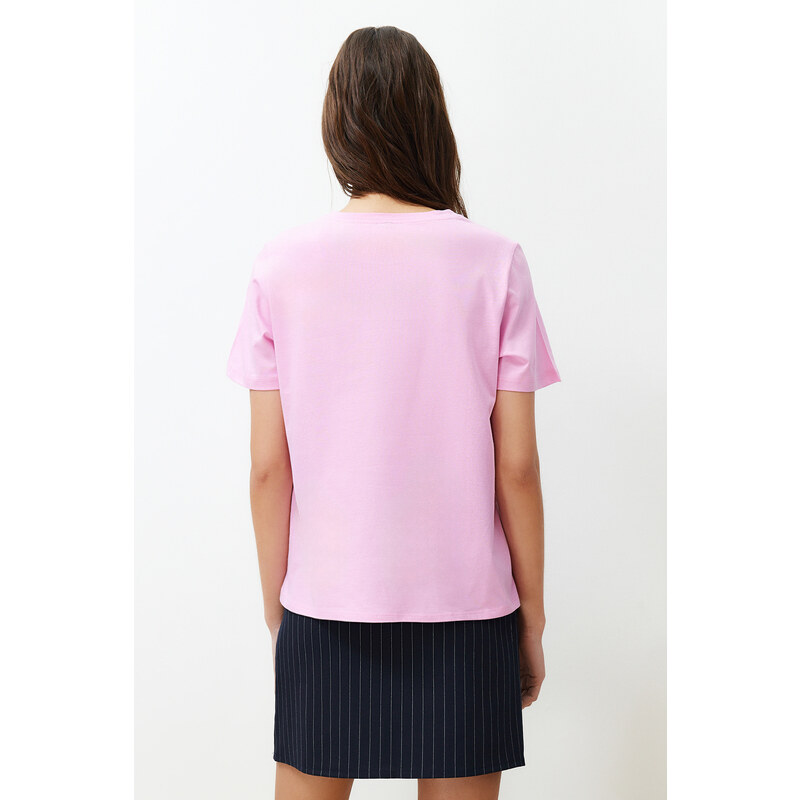 Trendyol Pink 100% Cotton Crew Neck Printed Regular/Regular Fit Knitted T-Shirt