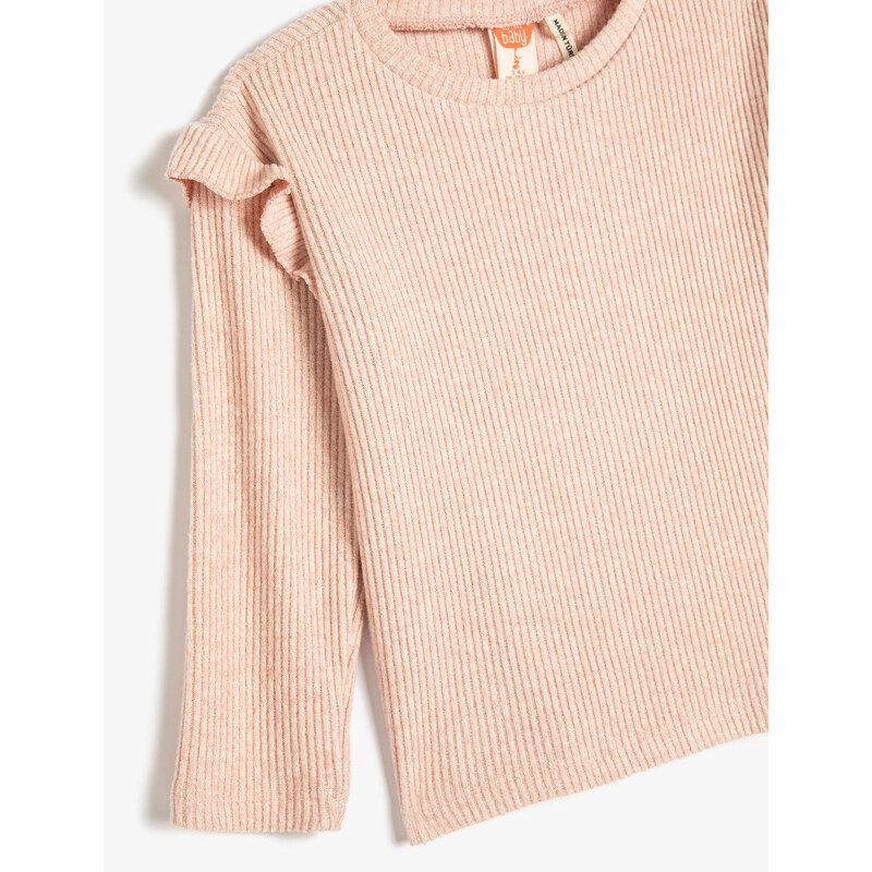 Koton Basic T-shirt with Frill Detailed Long Sleeves Camisole Crew Neck Soft Texture.