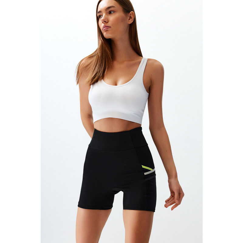 Trendyol Black Recovery Tulle Pocket and Reflector Print Detailed Knitted Sports Shorts Leggings