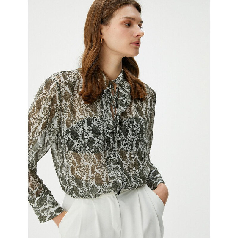 Koton Chiffon Blouse Long Sleeve Snakeskin Patterned Frilly