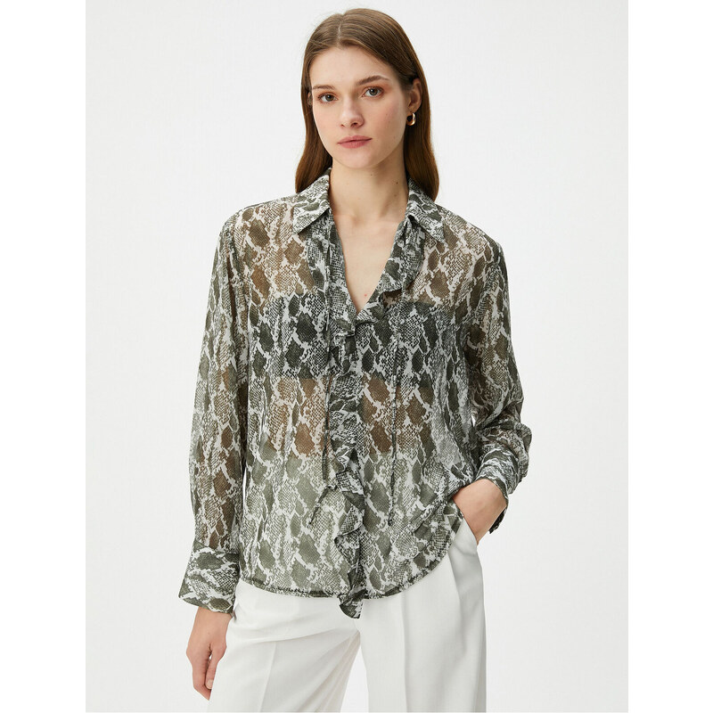 Koton Chiffon Blouse Long Sleeve Snakeskin Patterned Frilly