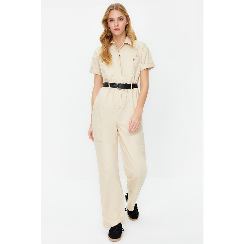 Trendyol Light Beige Shirt Collar Pocket Detailed Belted Woven Overalls