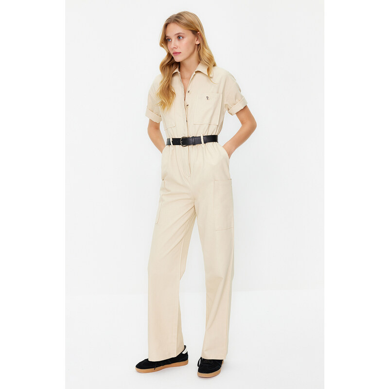 Trendyol Light Beige Shirt Collar Pocket Detailed Belted Woven Overalls