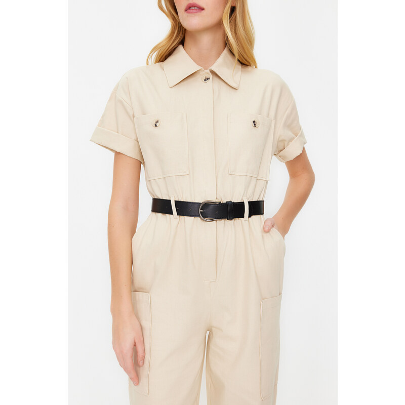 Trendyol Light Beige Shirt Collar Pocket Detailed Belted Woven Overalls