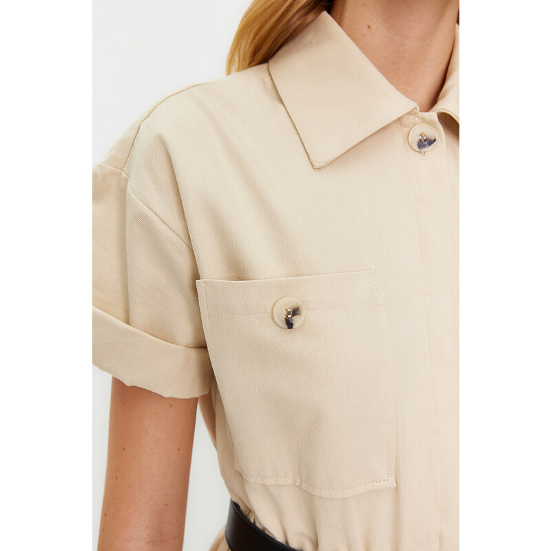 Trendyol Light Beige Shirt Collar Pocket Detailed Belted Woven Overalls