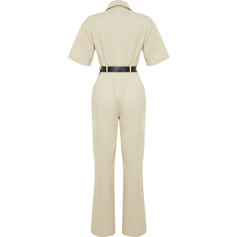 Trendyol Light Beige Shirt Collar Pocket Detailed Belted Woven Overalls