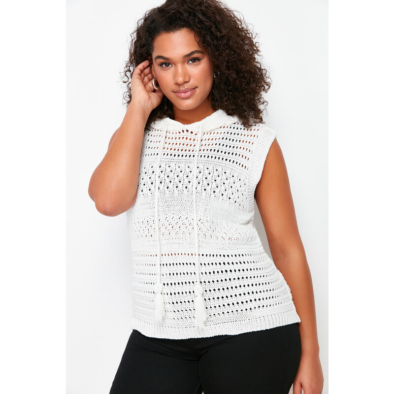 Trendyol Curve Cream Openwork Hooded Knitwear Blouse