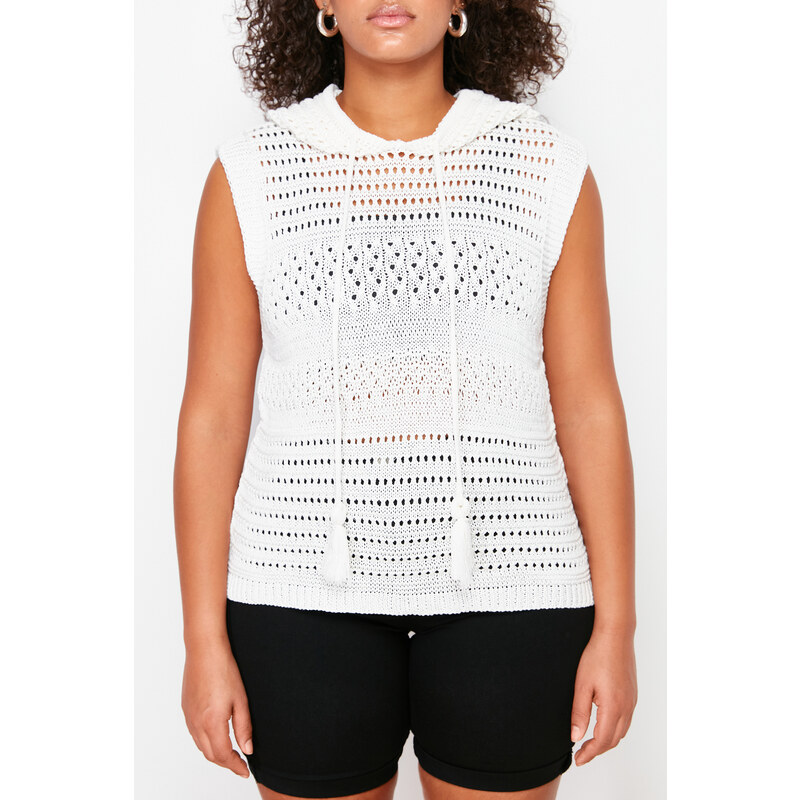 Trendyol Curve Cream Openwork Hooded Knitwear Blouse