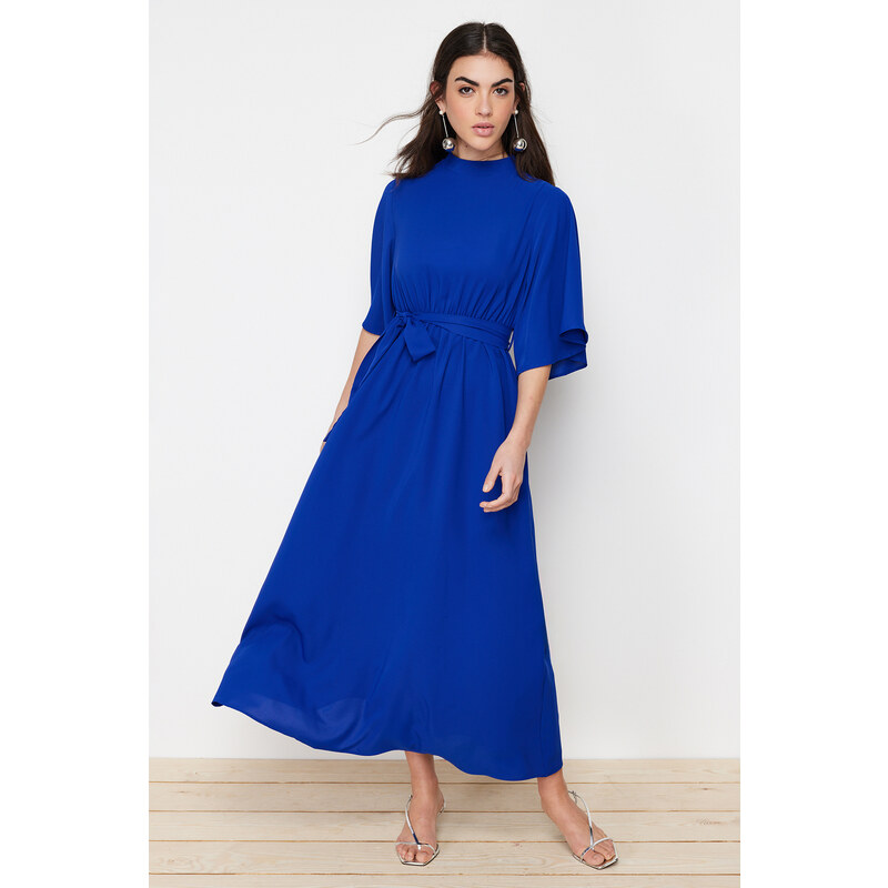 Trendyol Saxe Blue Belted Half Sleeve Woven Dress