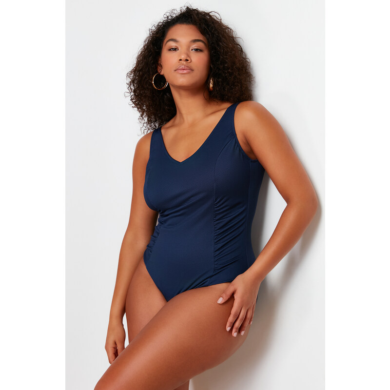 Trendyol Curve Navy Blue Deep V Knitted Swimsuit with Recovery Effect