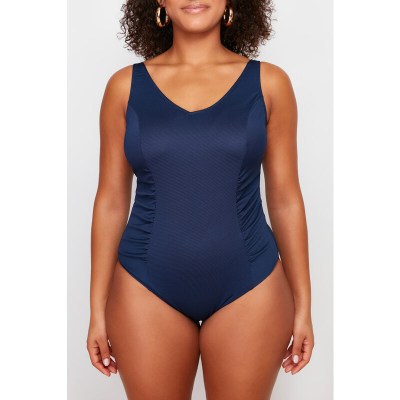 Trendyol Curve Navy Blue Deep V Knitted Swimsuit with Recovery Effect