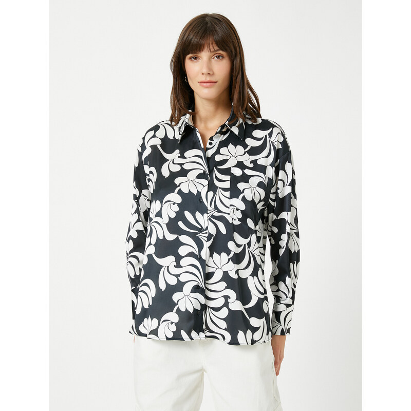 Koton Floral Satin Shirt with Pocket Details