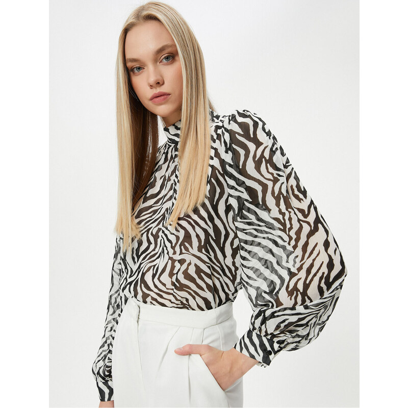 Koton Chiffon Blouse Leopard Patterned High Neck Balloon Sleeves