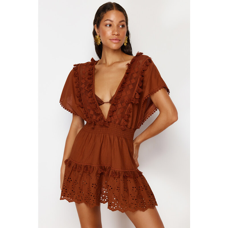 Trendyol Brown Mini Woven Embroidery Detailed 100% Cotton Beach