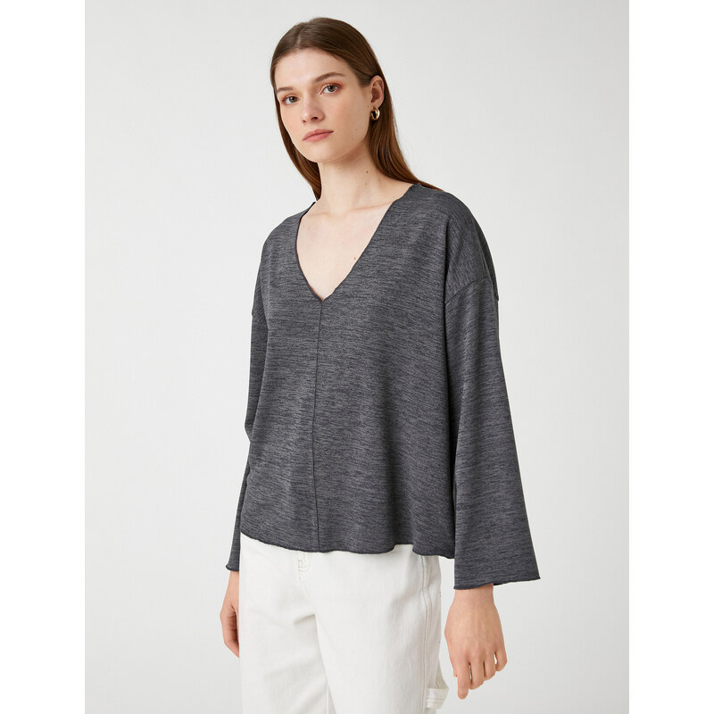 Koton V-Neck Sweatshirt with Bat Sleeves