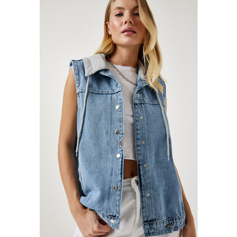 Happiness İstanbul Women's Light Blue Hooded Boyfriend Denim Vest