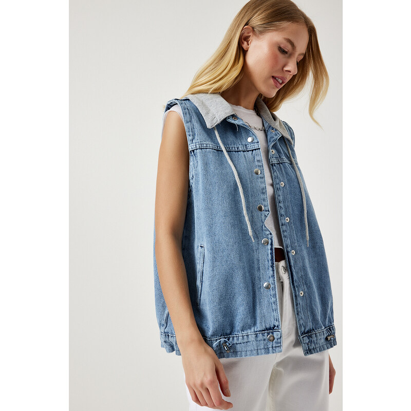 Happiness İstanbul Women's Light Blue Hooded Boyfriend Denim Vest