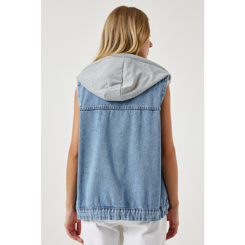 Happiness İstanbul Women's Light Blue Hooded Boyfriend Denim Vest