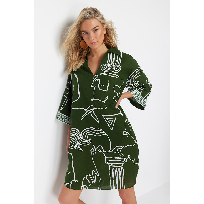 Trendyol Abstract Pattern Wide Fit Midi Woven 100% Cotton Beach Dress