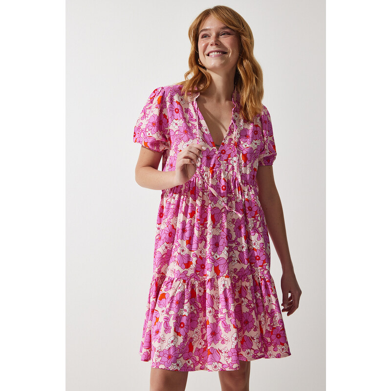Happiness İstanbul Womens Pink Floral Summer Viscose Flared Dress 107074192