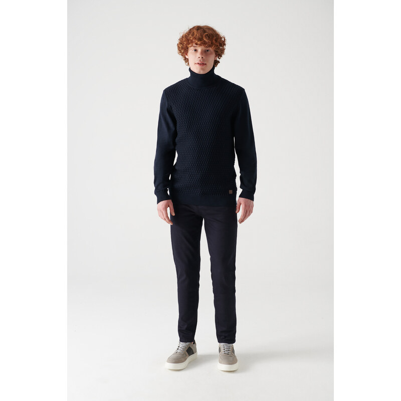 Avva Men's Navy Blue Full Turtleneck Front Textured Cotton Standard Fit Regular Cut Knitwear Sweater