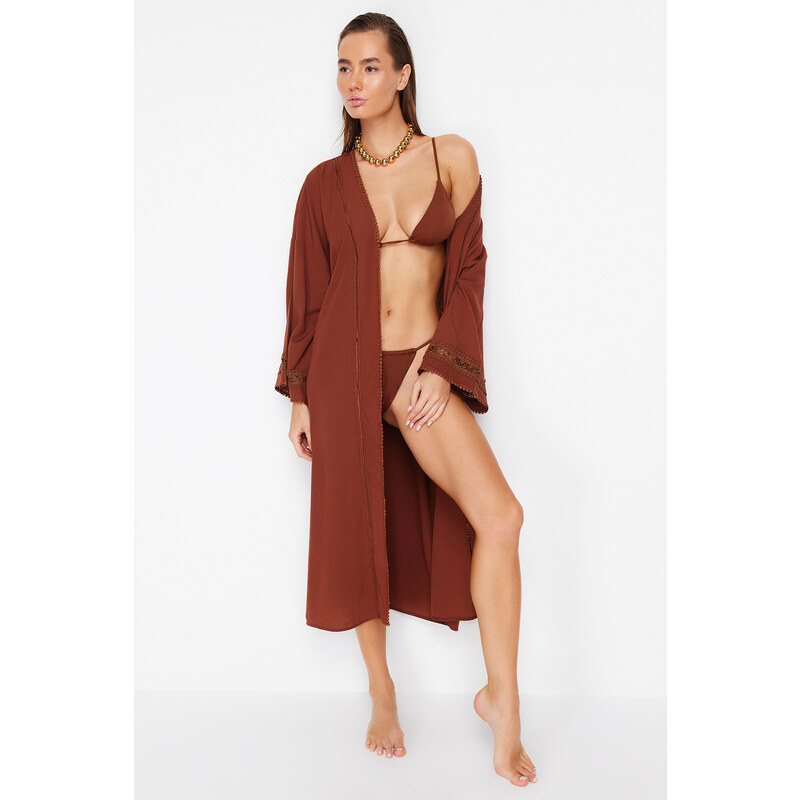 Trendyol Brown Belted Midi 100% Cotton Kimono & Kaftan with Woven Ribbon Accessories