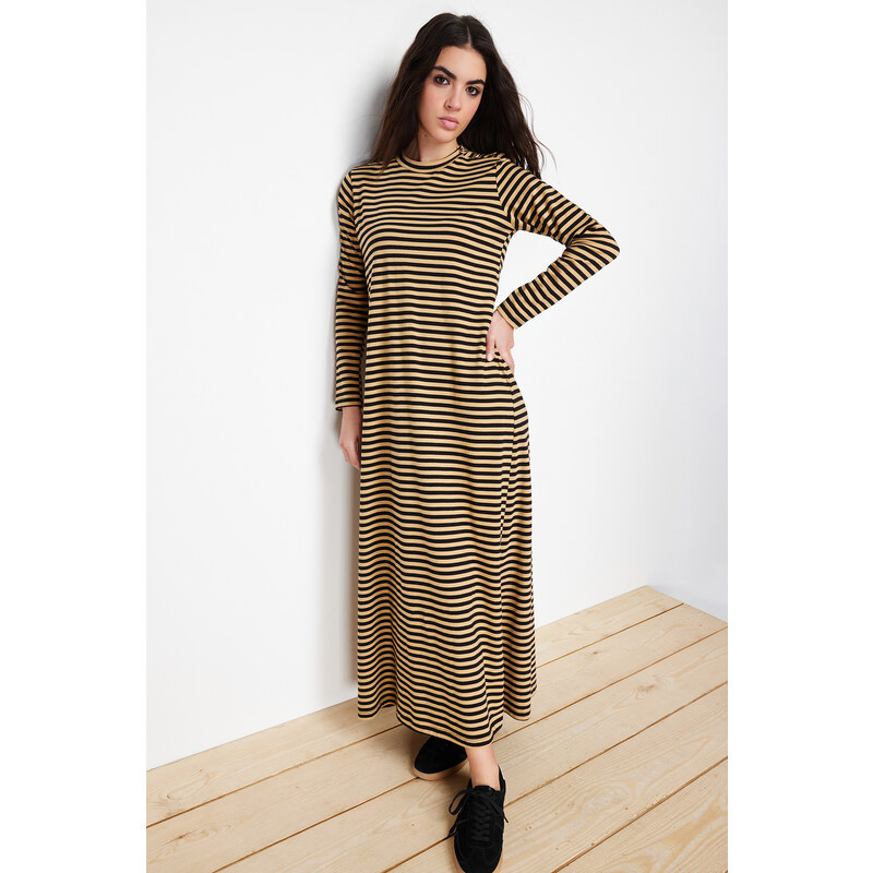 Trendyol Beige Shoulder Button Detailed Knitted Dress