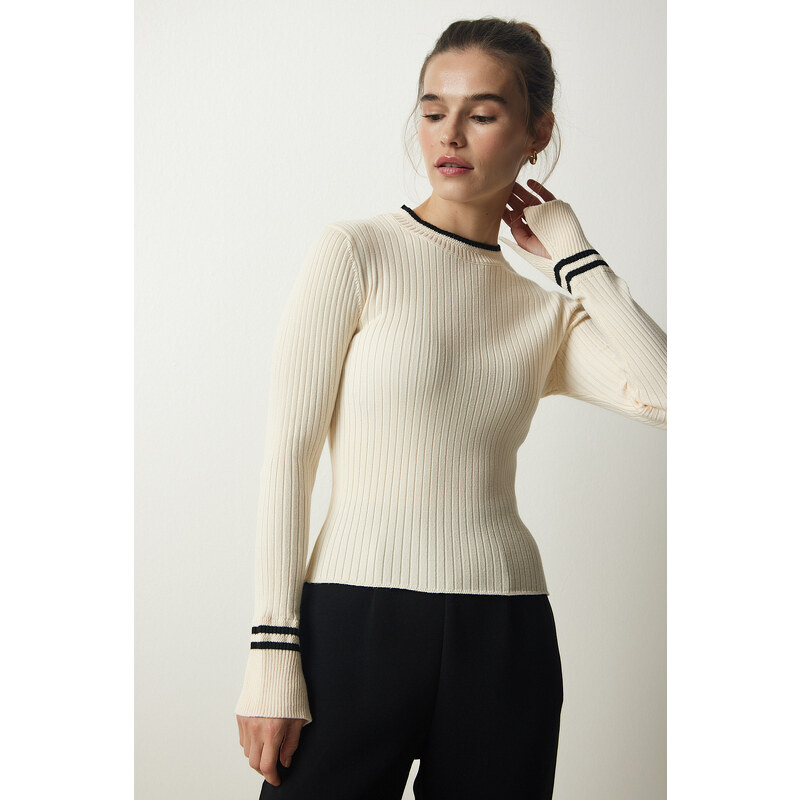 Happiness İstanbul Women's Cream Ribbed Knitwear Blouse