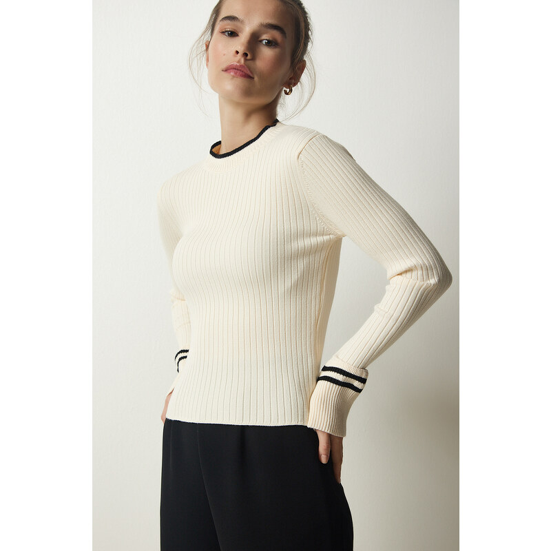 Happiness İstanbul Women's Cream Ribbed Knitwear Blouse