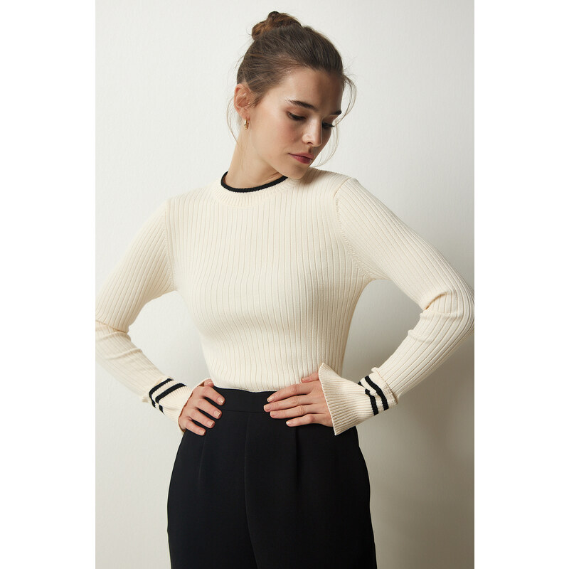 Happiness İstanbul Women's Cream Ribbed Knitwear Blouse