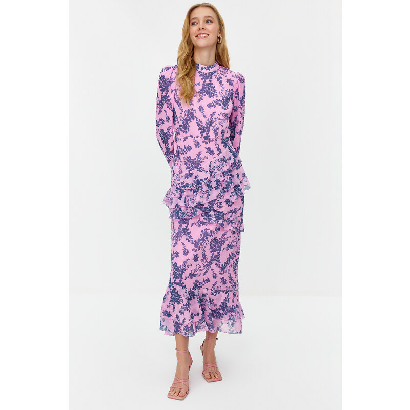 Trendyol Lilac Floral Skirt Frilly Lined Woven Chiffon Dress