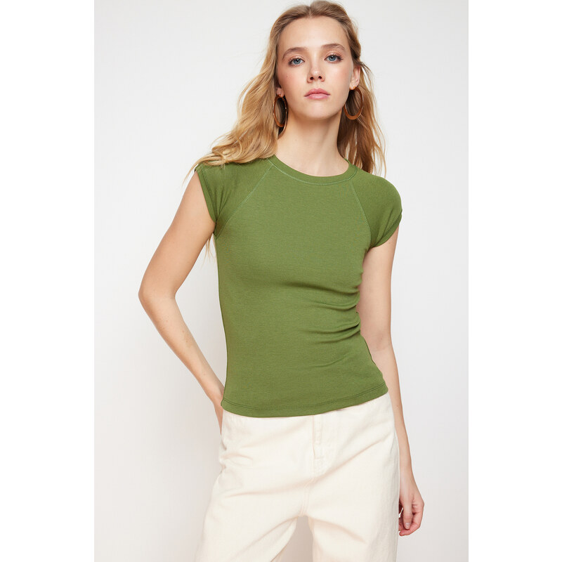 Trendyol Khaki Viscose/Soft Fabric Moon Sleeve Fitted Stretchy Knitted Blouse