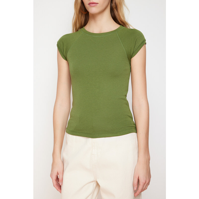 Trendyol Khaki Viscose/Soft Fabric Moon Sleeve Fitted Stretchy Knitted Blouse