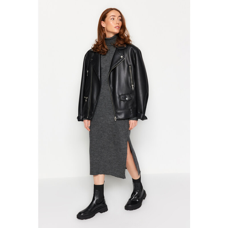 Trendyol Anthracite Midi Knit Wide Pattern Soft Texture Dress