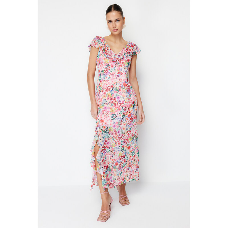 Trendyol Pink Floral Ruffle Chiffon Lined Maxi Woven Dress