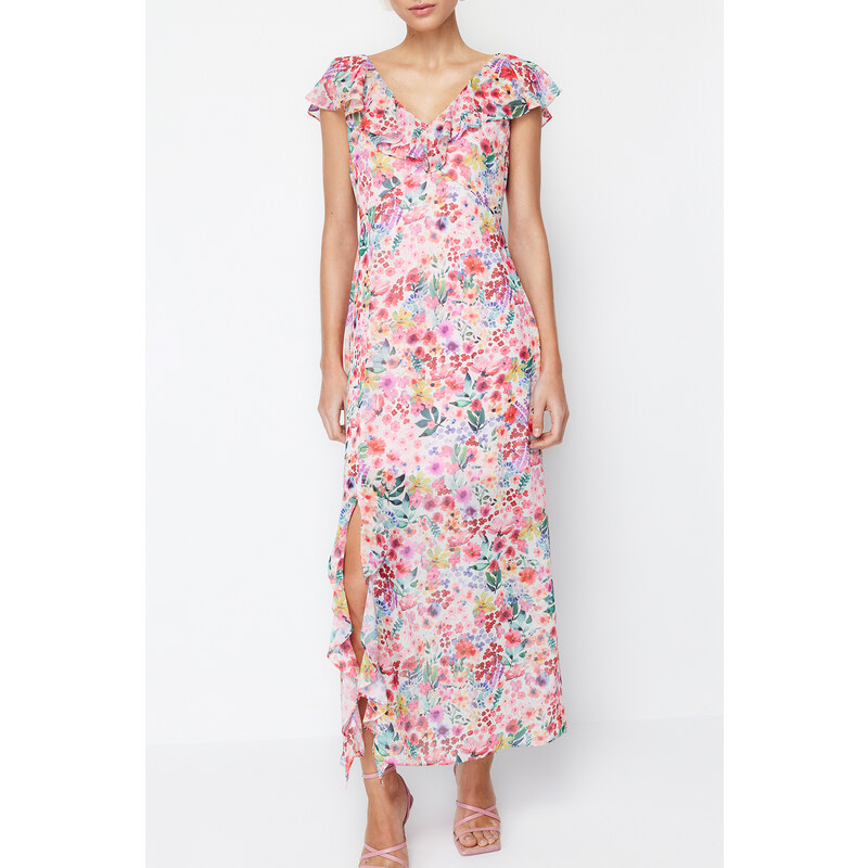 Trendyol Pink Floral Ruffle Chiffon Lined Maxi Woven Dress