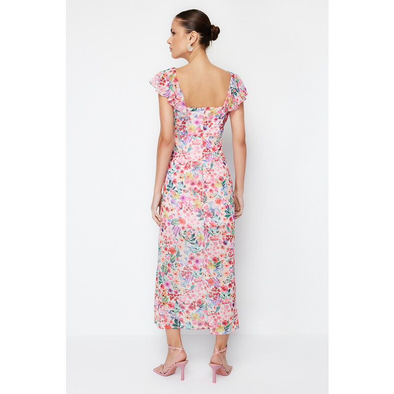 Trendyol Pink Floral Ruffle Chiffon Lined Maxi Woven Dress