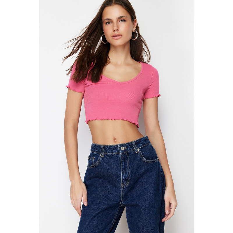 Trendyol Pink Pool Collar Baby Overlock Detailed Crop Ribbed Stretchy Knitted Blouse