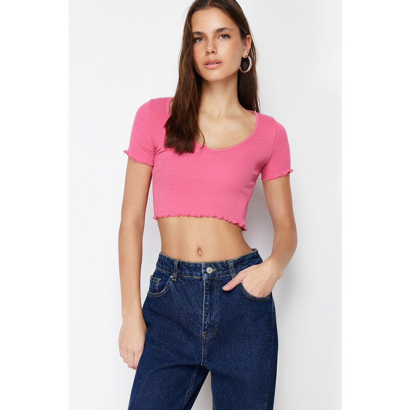 Trendyol Pink Pool Collar Baby Overlock Detailed Crop Ribbed Stretchy Knitted Blouse