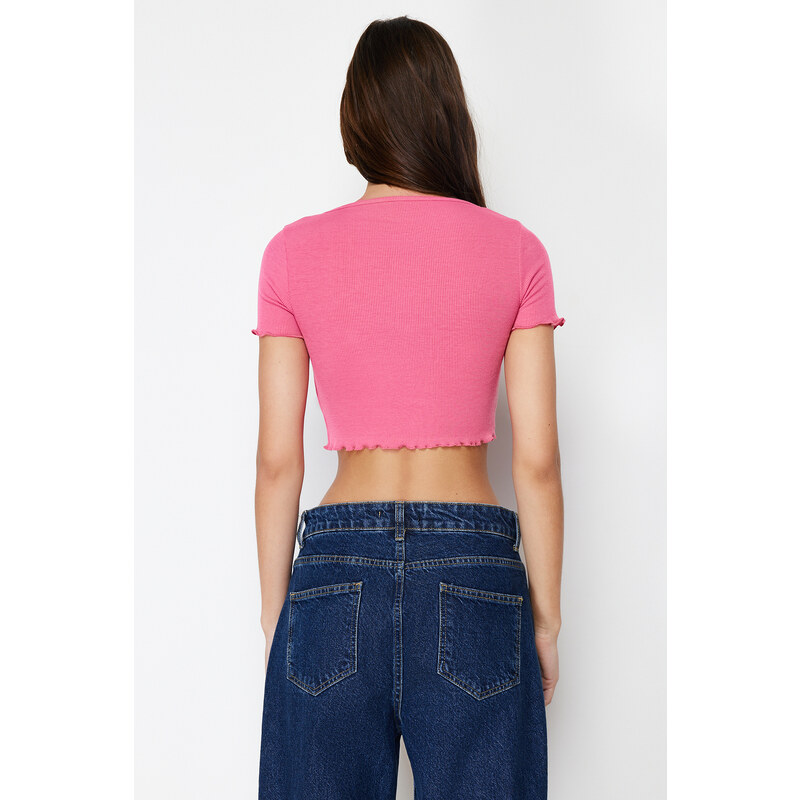 Trendyol Pink Pool Collar Baby Overlock Detailed Crop Ribbed Stretchy Knitted Blouse