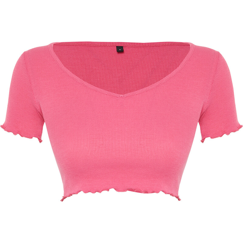 Trendyol Pink Pool Collar Baby Overlock Detailed Crop Ribbed Stretchy Knitted Blouse