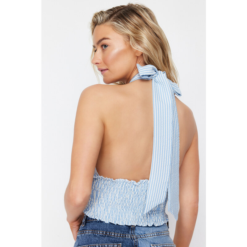 Trendyol Blue Striped Crop Woven Cross-Purchase See-through See-through Blouse