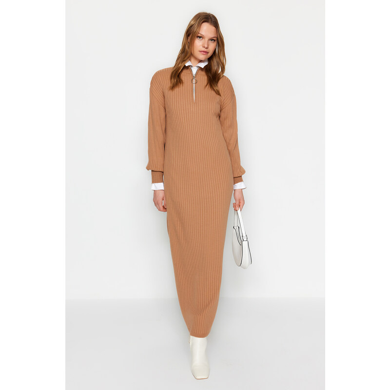 Trendyol Camel Neck Zippered Rib Knitwear Dress