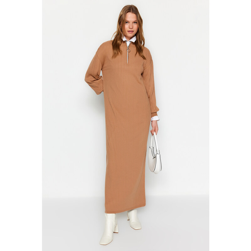 Trendyol Camel Neck Zippered Rib Knitwear Dress