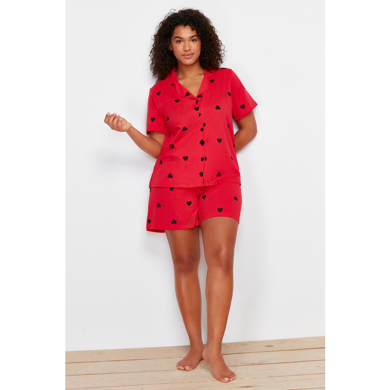 Trendyol Curve Red Heart Pattern Knitted Pajamas Set