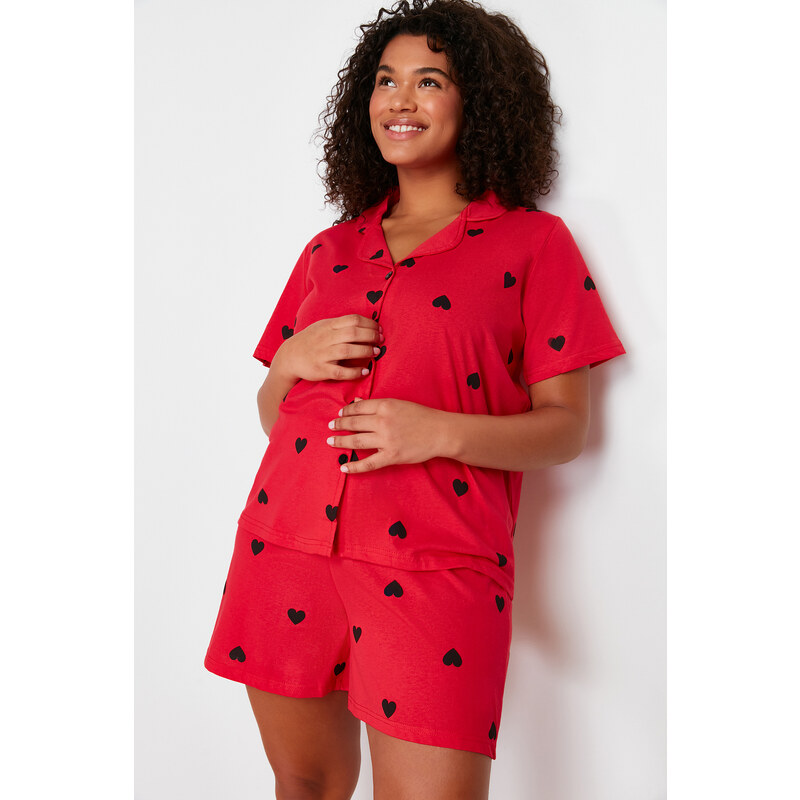 Trendyol Curve Red Heart Pattern Knitted Pajamas Set