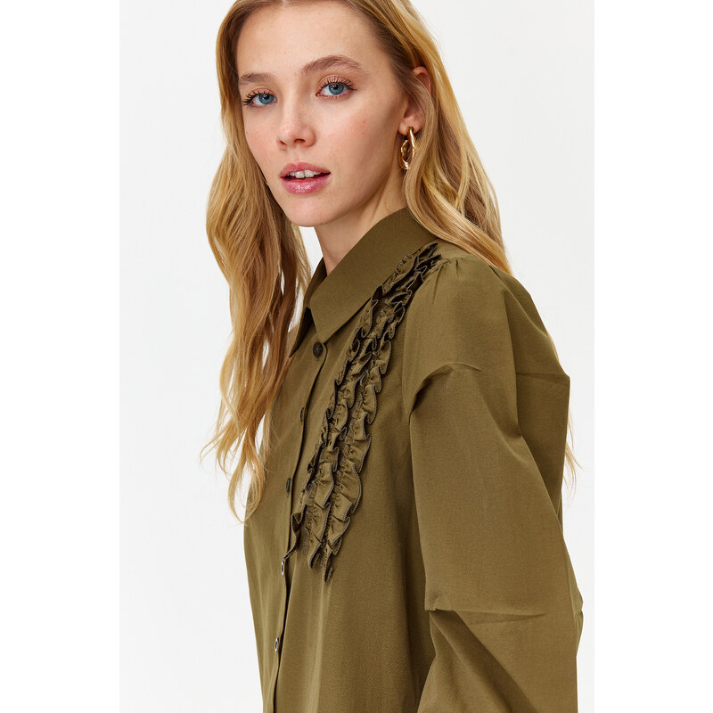 Trendyol Green Applique Flower Detailed Cotton Woven Shirt