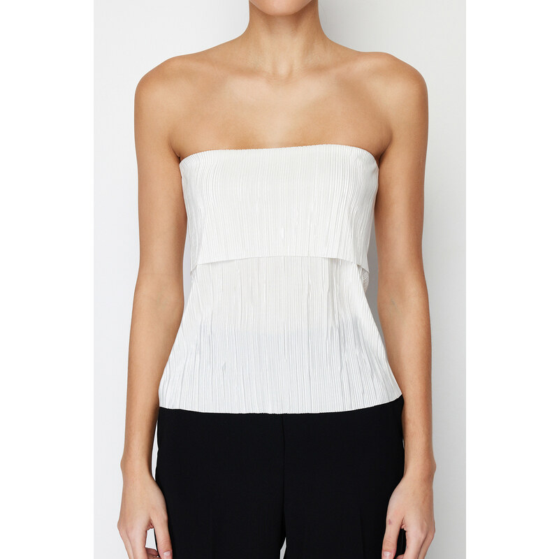 Trendyol White Pleated Strapless Regular Stretch Knitted Blouse